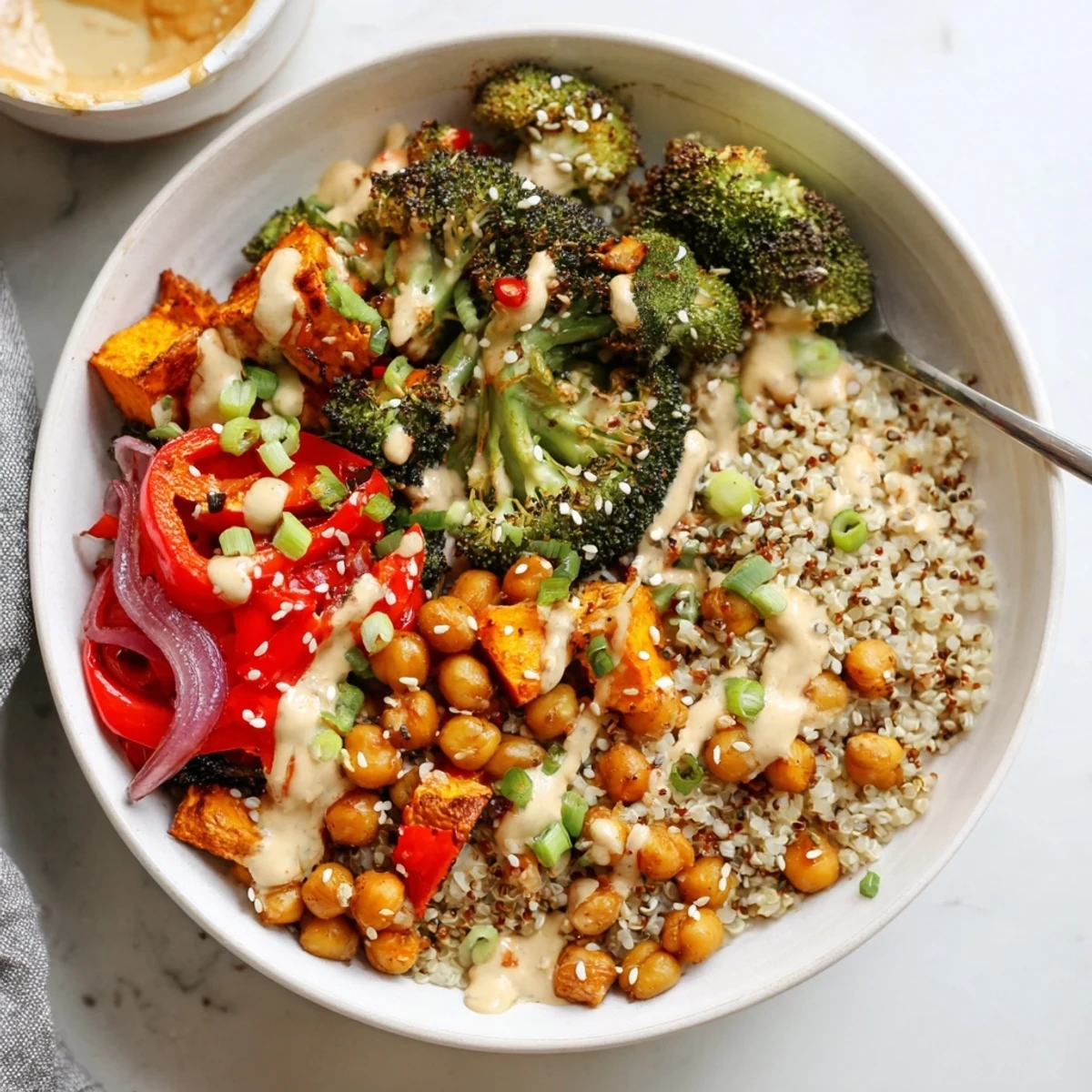 Vibrant Bold Sauce Drizzle Bowls topped with roasted vegetables and two flavorful sauces.