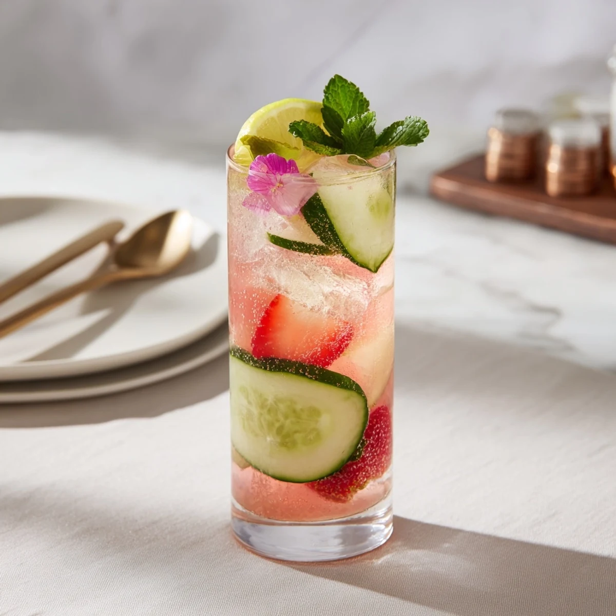 Hydrating mocktails featuring fresh strawberries and lemon in a tall glass.  