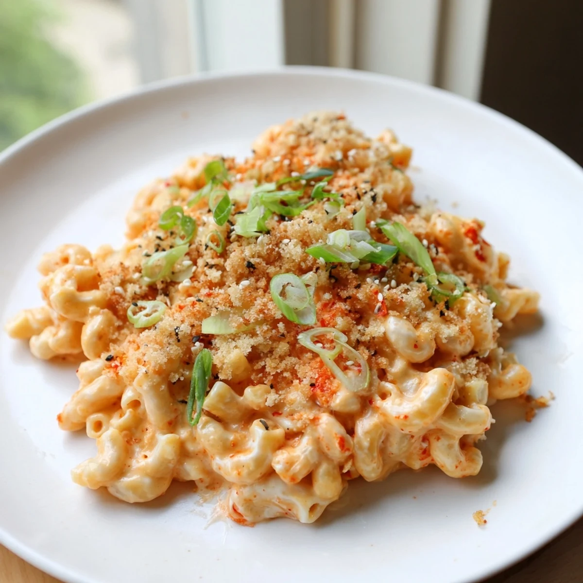 Creamy Spicy Kimchi Mac & Cheese baked until golden, topped with crunchy panko.  