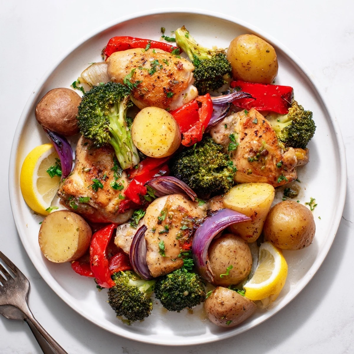 Juicy Lazy Gourmet Chicken & Vegetable One-Pot served with fresh parsley and lemon.  