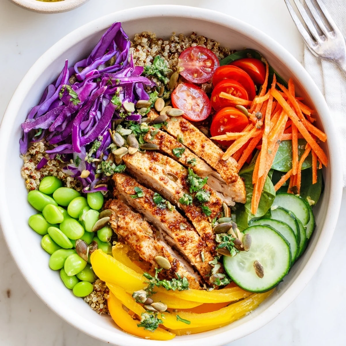 Vibrant Healthy Meal-Prep Bowls laid out with fresh vegetables and grilled chicken.  