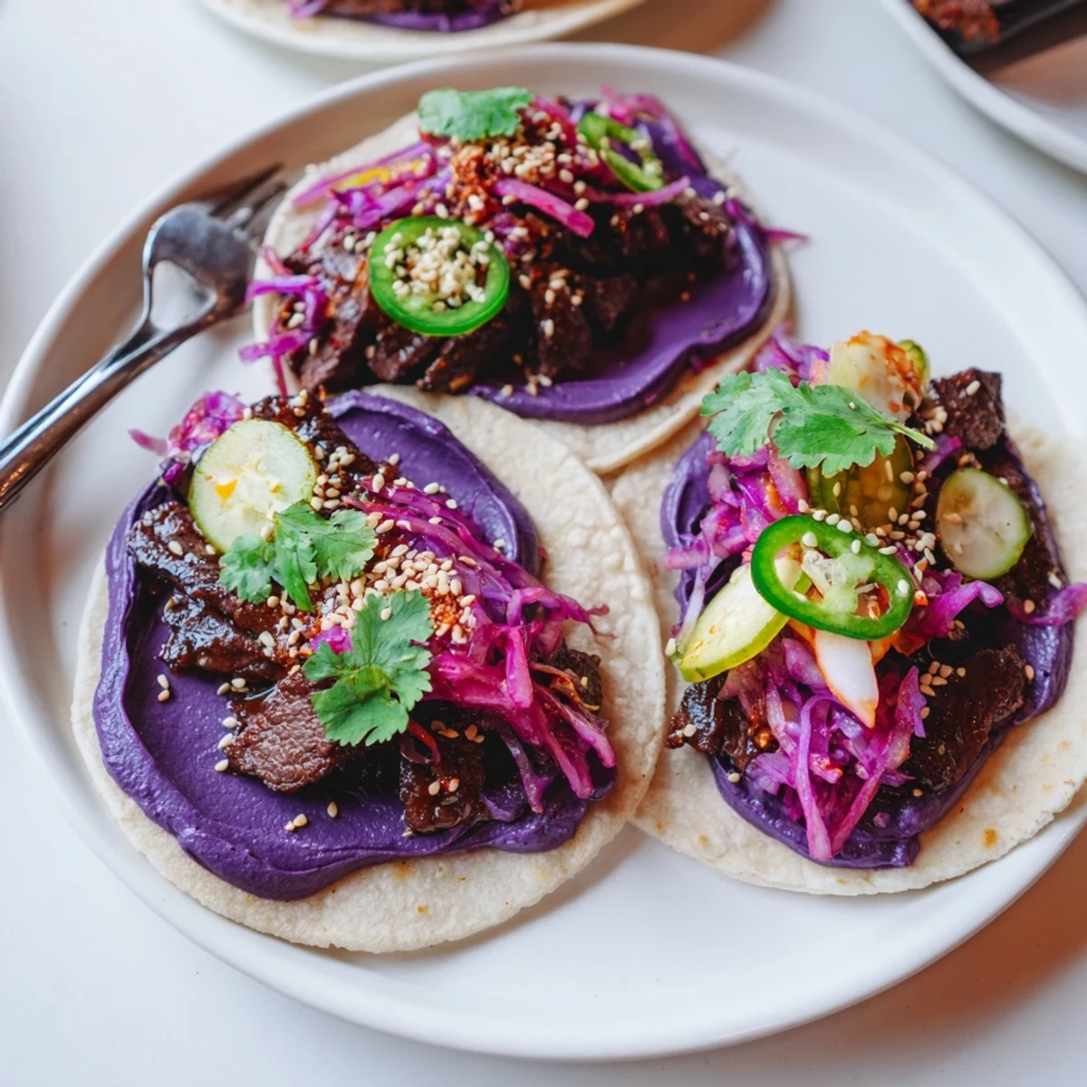 Vibrant Global Street-Food Fusion Tacos showcasing colorful toppings and creamy ube crema.  
