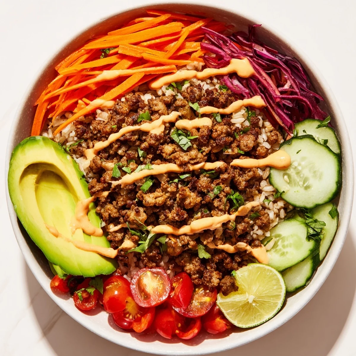 Colorful plant-based meat bowl topped with fresh vegetables and avocado slices.  
