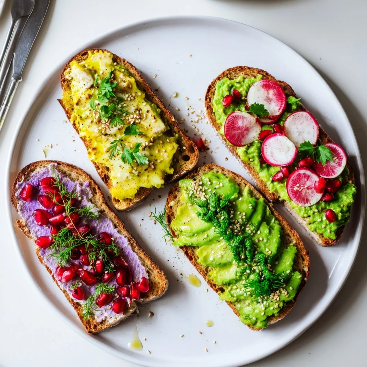 Colorful breakfast toasts featuring creamy ube spread, ripe avocado, and microgreens.