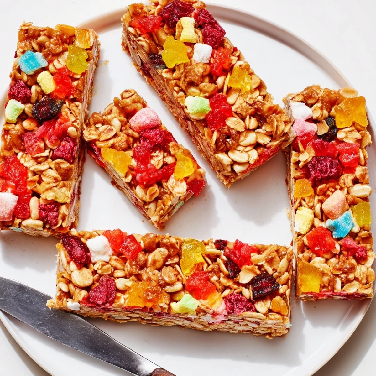 Colorful DIY snack bars topped with chewy homemade gummies and freeze-dried candy bites.  