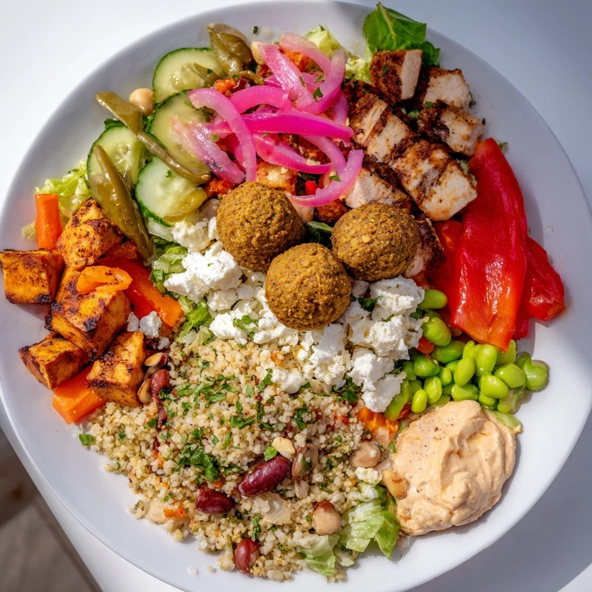 Colorful build-your-own boards and bowls featuring grilled chicken, fresh veggies, and sauces.  