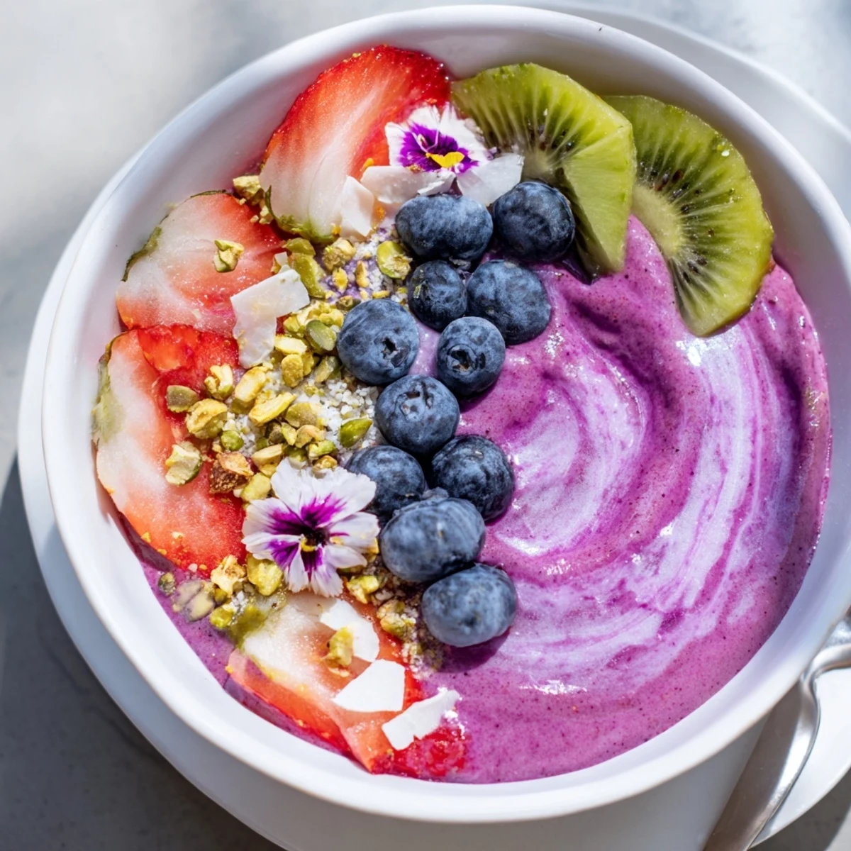 Colorful smoothie bowls showcasing pistachio and berry layers, perfect for a healthy morning.  
