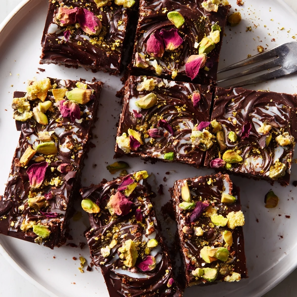 Enjoy the rich flavors of chocolate bar inspired creations, garnished with rose petals.