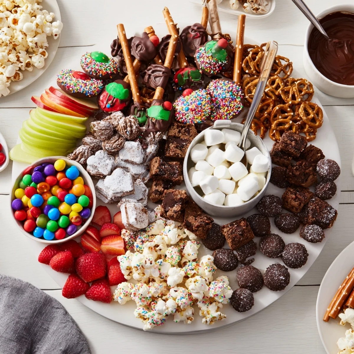Colorful dessert board with themed snacks, including cookies, fruits, and chocolate treats.  