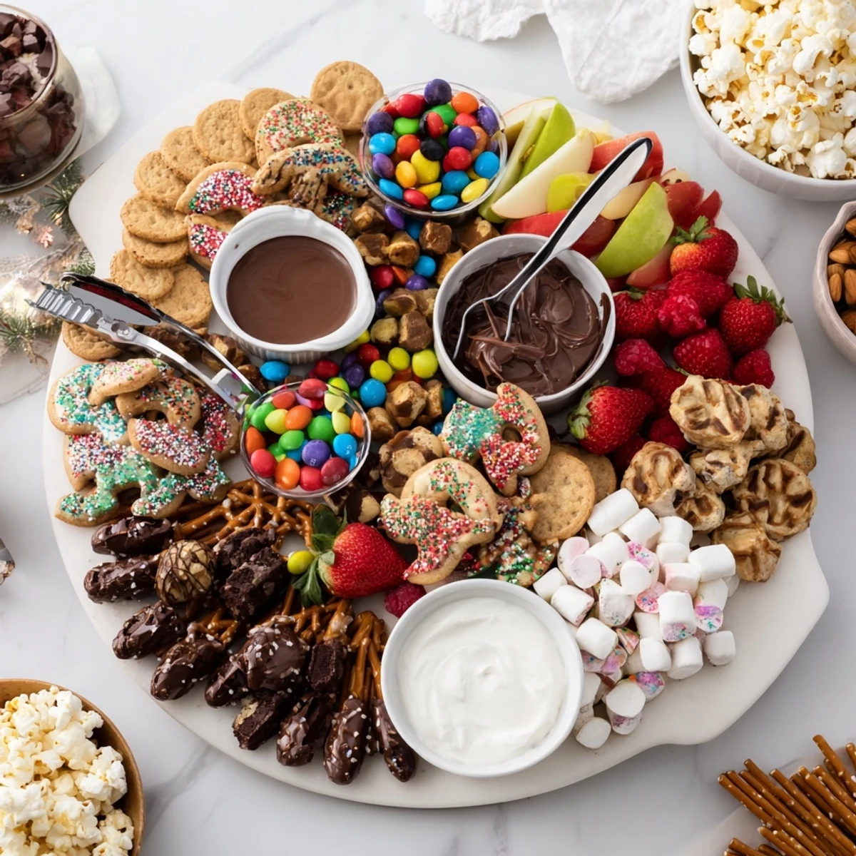 Festive dessert board with sweet bites, chocolate, and fresh fruits for delightful sharing.  