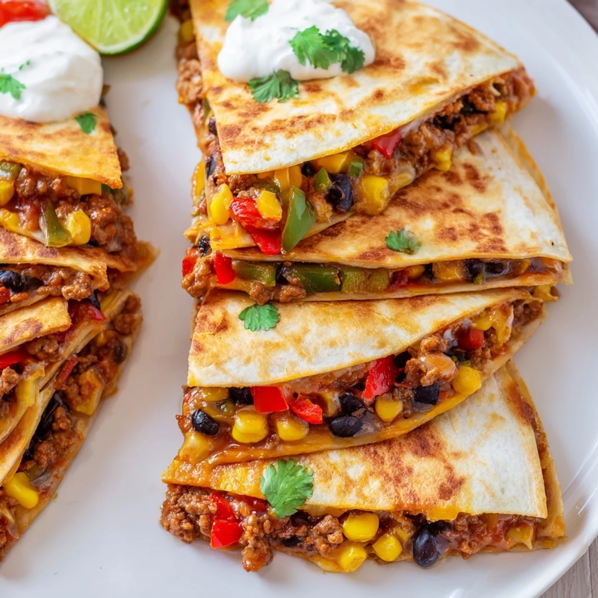 Satisfying sheet pan quesadillas topped with golden crust, served with lime and salsa.
