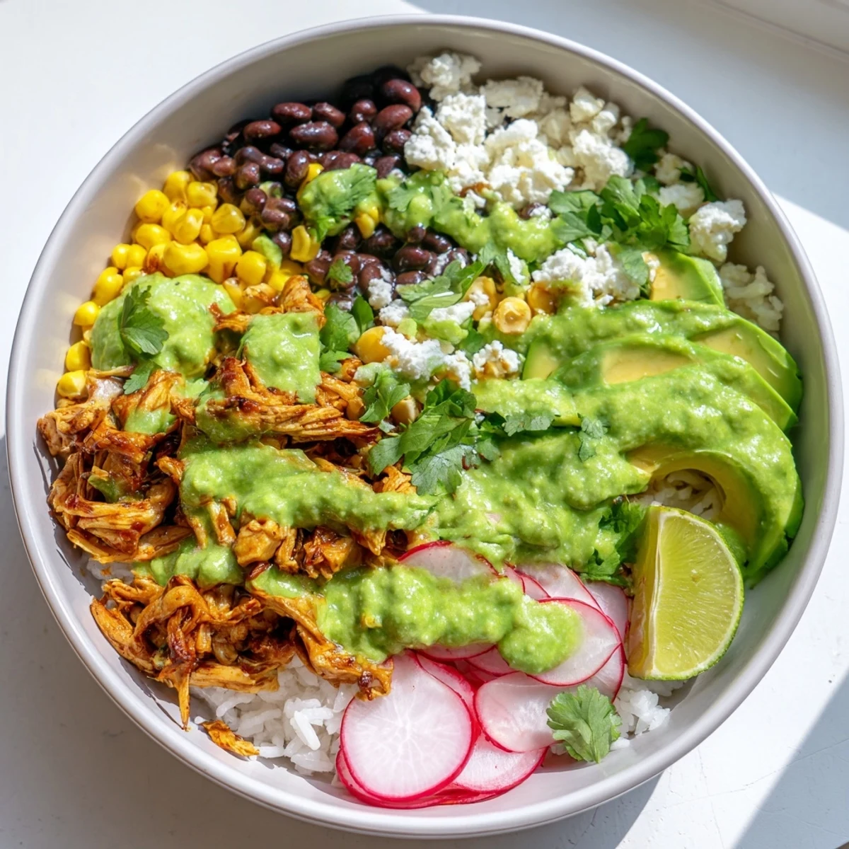 Delicious green enchiladas rice bowl garnished with cilantro, avocado, and lime wedges.  