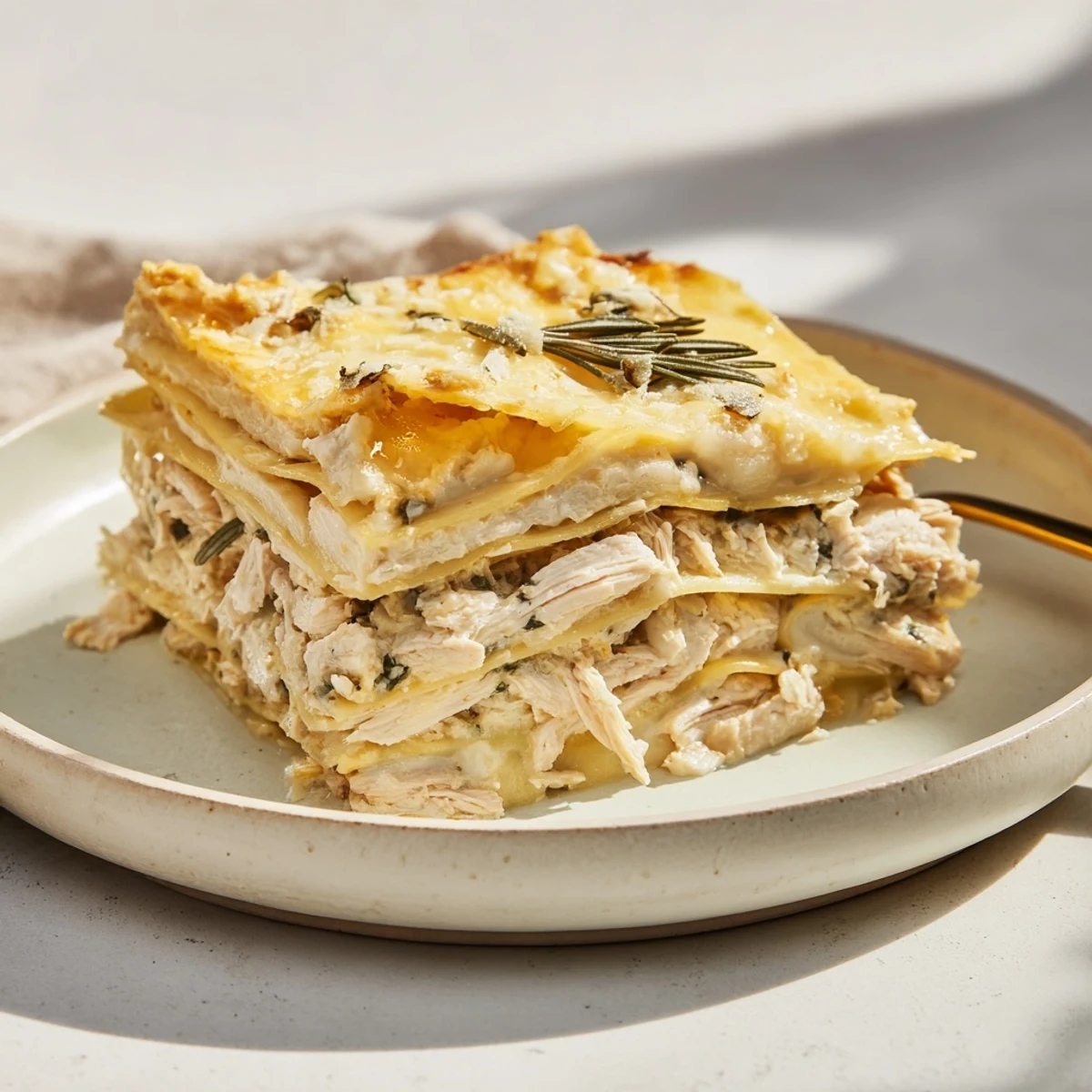 A comforting slice of rosemary chicken lasagna, layered with tender chicken and herbs.  