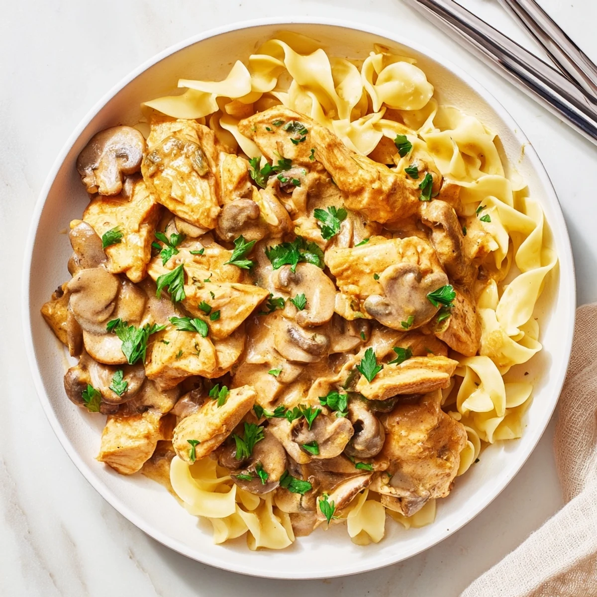Homemade Creamy Chicken Stroganoff with tender chicken and savory garlic, perfect for dinner.  