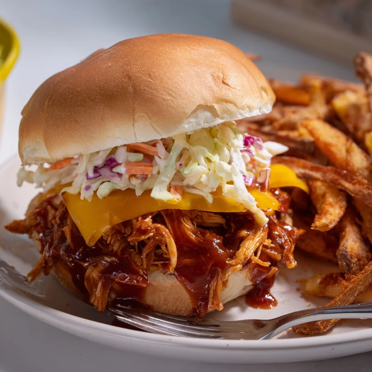 Tender shredded BBQ Chicken Sliders with coleslaw, accompanied by delicious homemade fries.