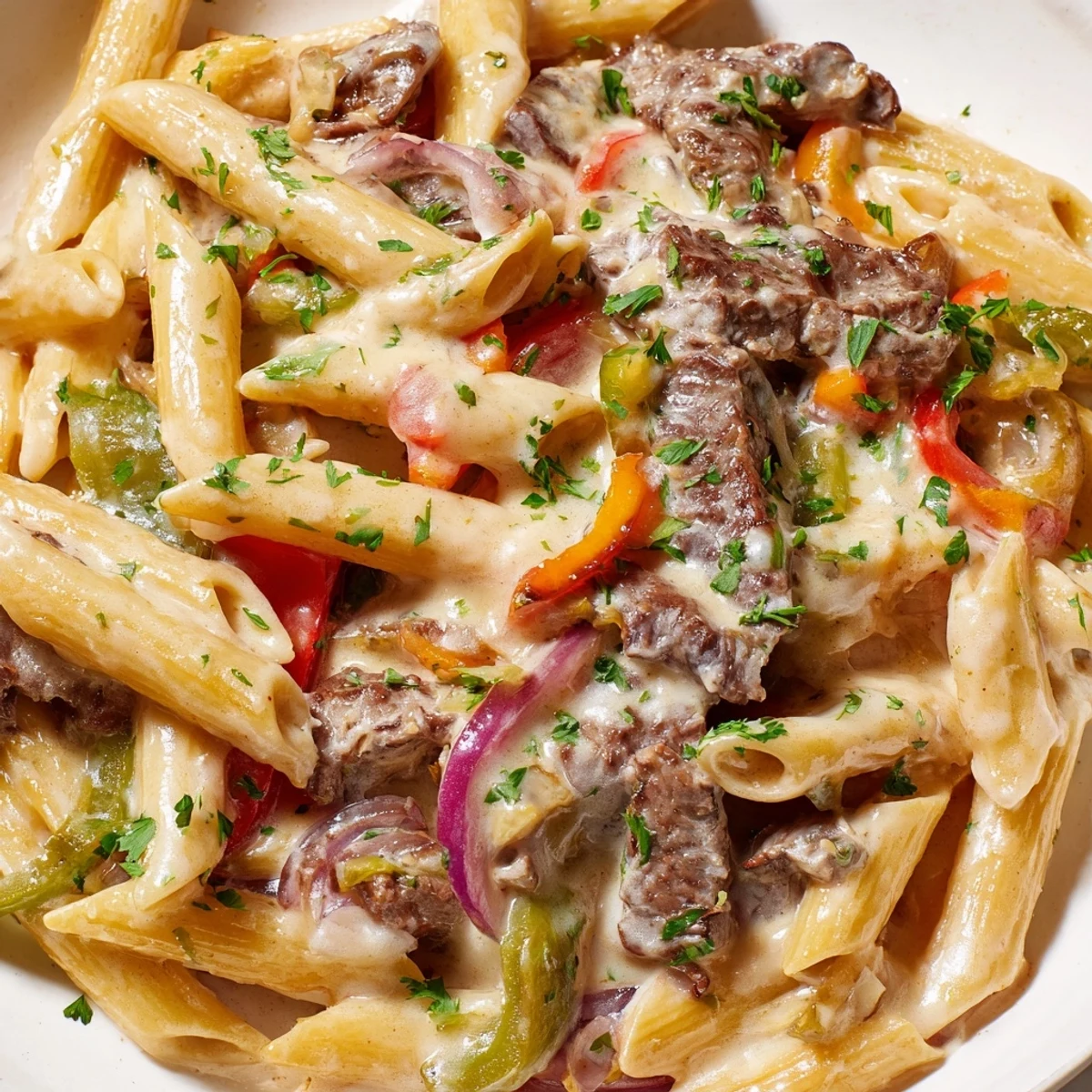 Hearty Philly Cheese Steak Pasta topped with melted cheese and vibrant peppers.  