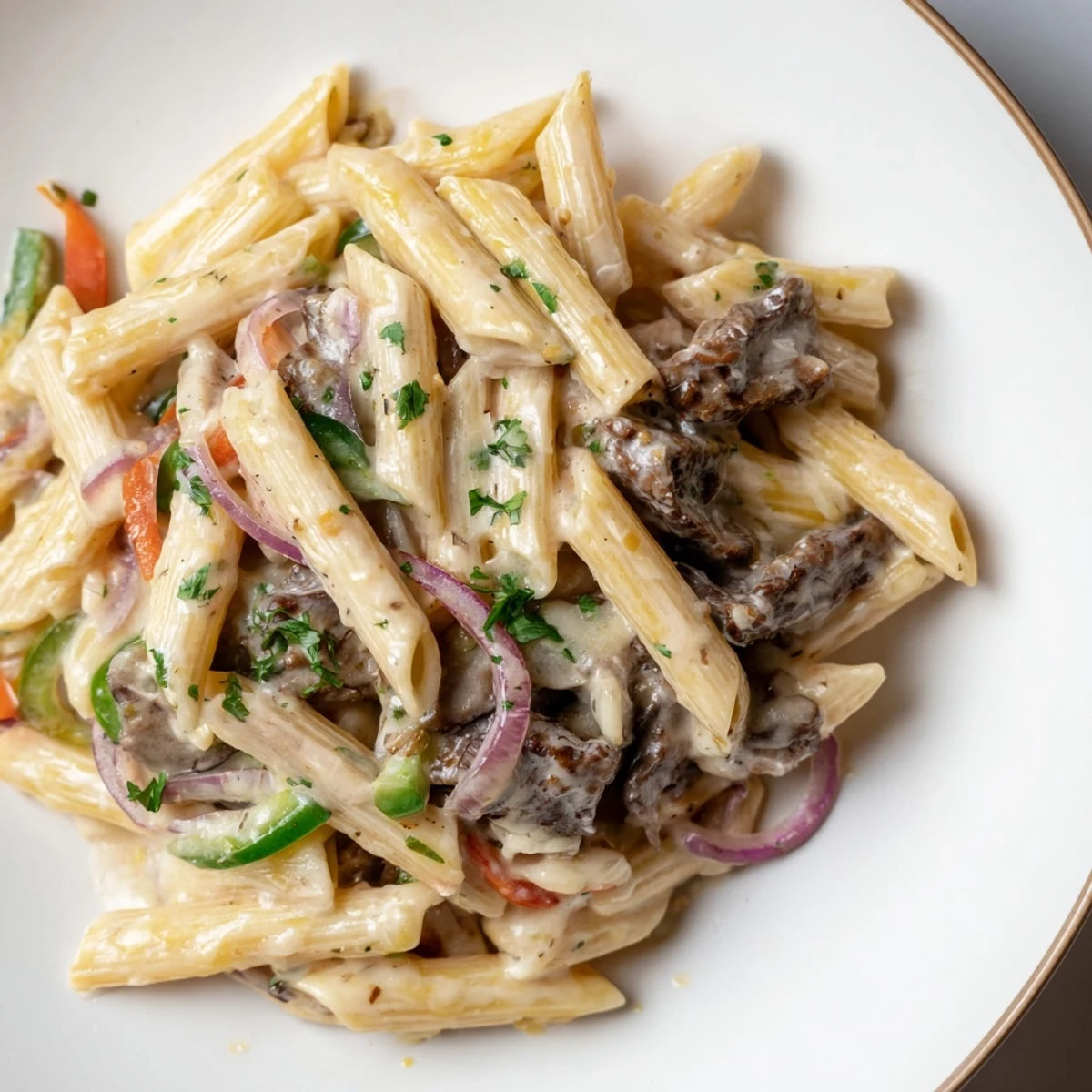 Delicious Philly Cheese Steak Pasta garnished with fresh parsley and rich cheese sauce.