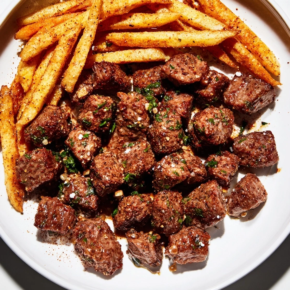 Sizzling Blackened Cajun Steak Bites with perfectly cooked fries, a delicious, flavorful dinner.