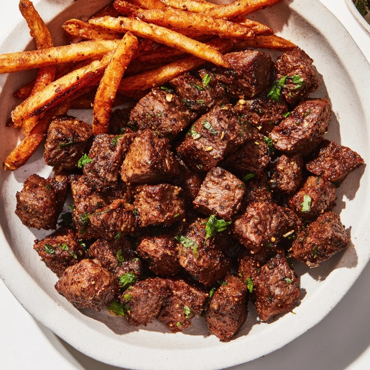 Close-up of golden, crispy fries with spicy Blackened Cajun Steak Bites for a fantastic meal.