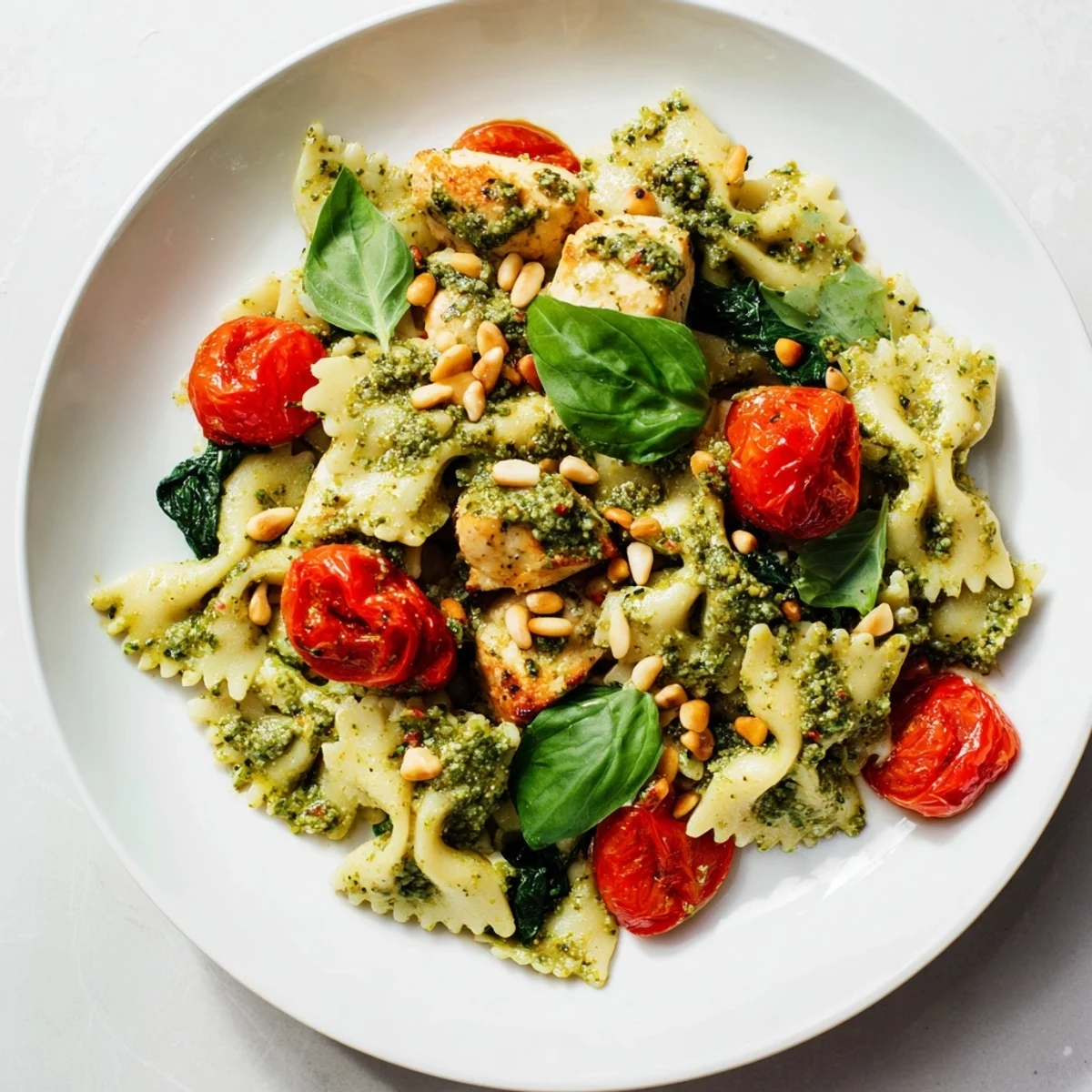A close-up of creamy pesto chicken bowtie pasta, garnished with fresh basil.