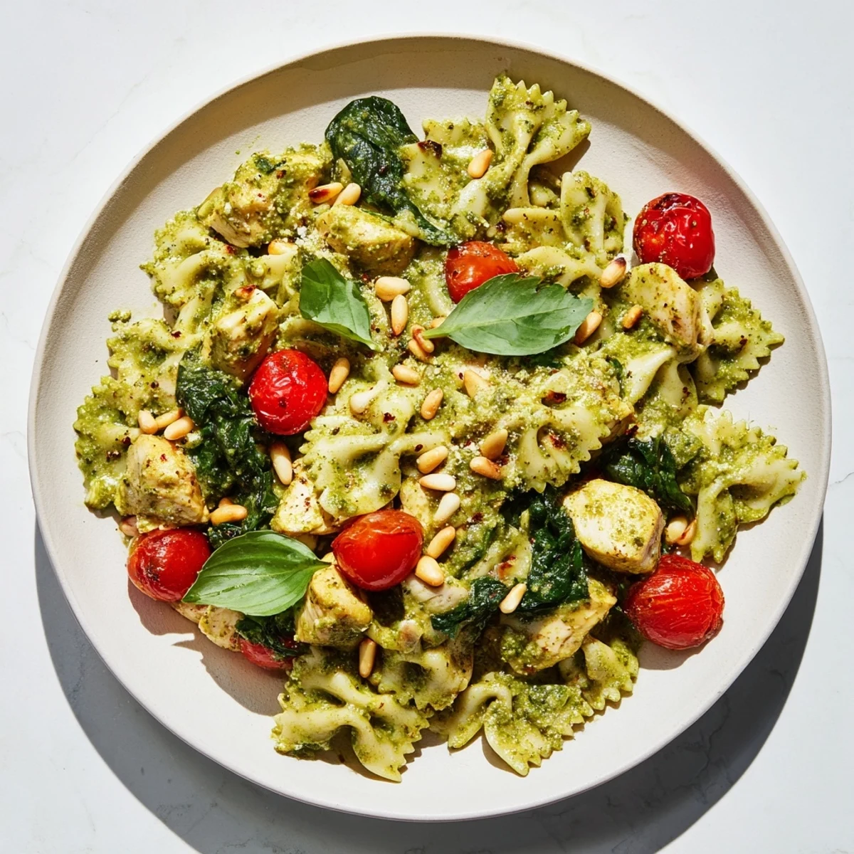 Golden chicken pieces and bowtie pasta in rich pesto - a weeknight pesto chicken pasta feast.