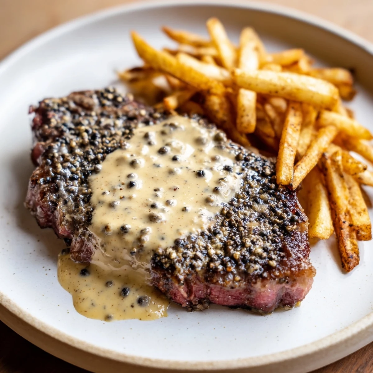 Classic peppercorn ribeye, seared to a delicious crust, served with a pile of golden, crispy fries.