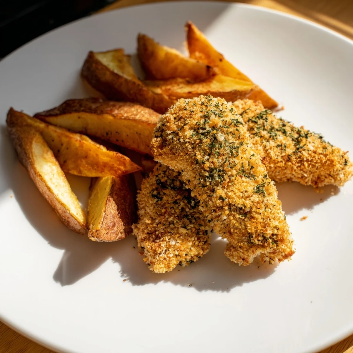 Close-up of crispy herbed chicken tenders and baked potato wedges, a delicious family meal.