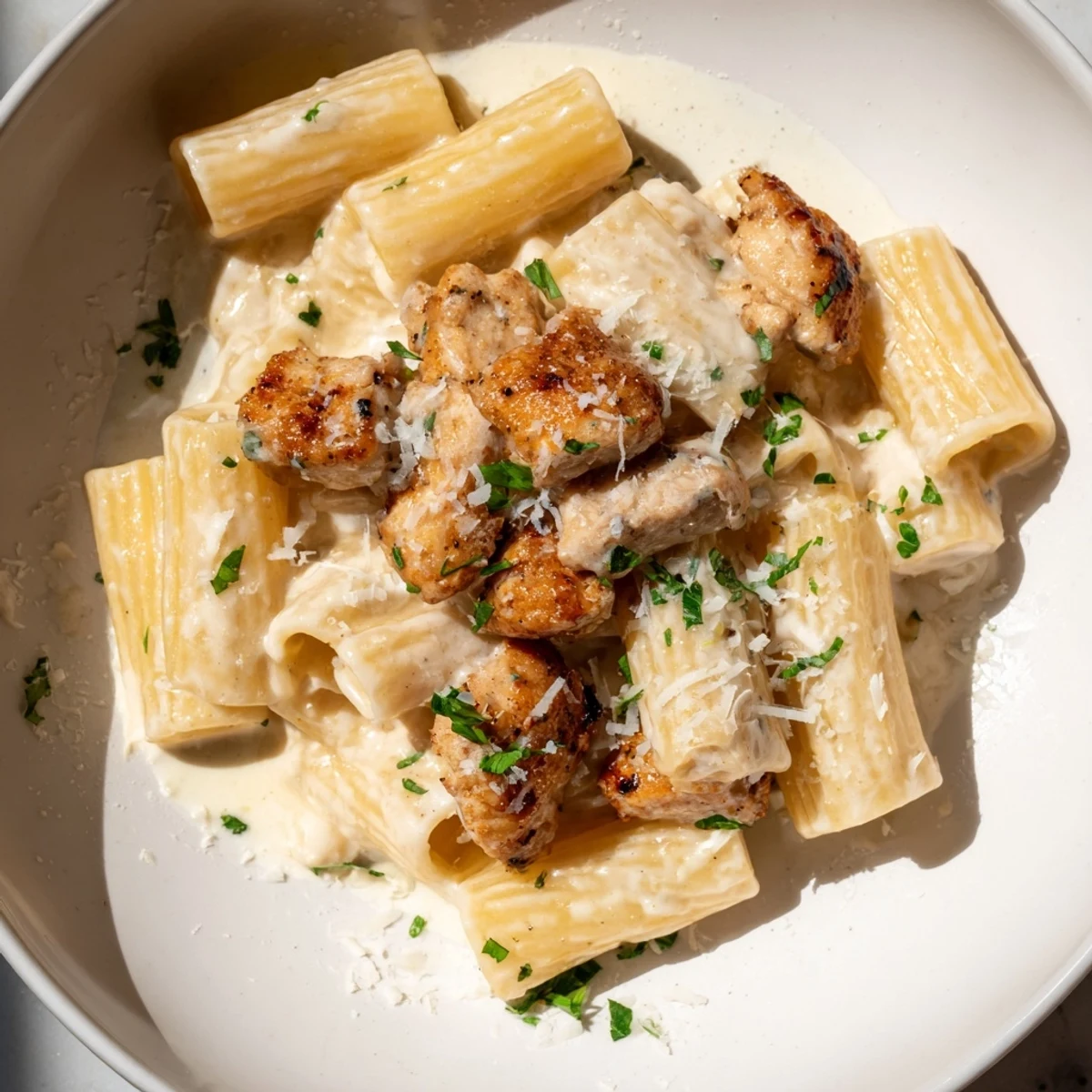 Creamy garlic Parmesan chicken rigatoni, plated and ready to eat with fresh parsley and extra Parmesan.