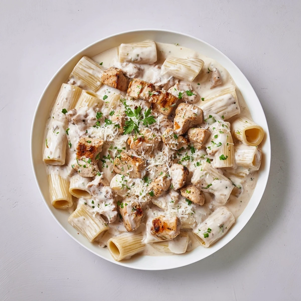Golden chicken and perfectly cooked rigatoni in a rich, creamy garlic Parmesan sauce.