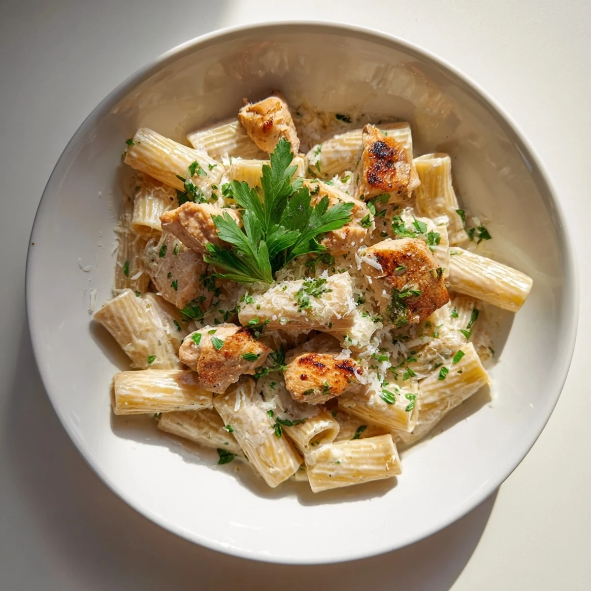 A close-up of delicious Creamy Garlic Parmesan Chicken Rigatoni, a comforting Italian-American pasta dish.
