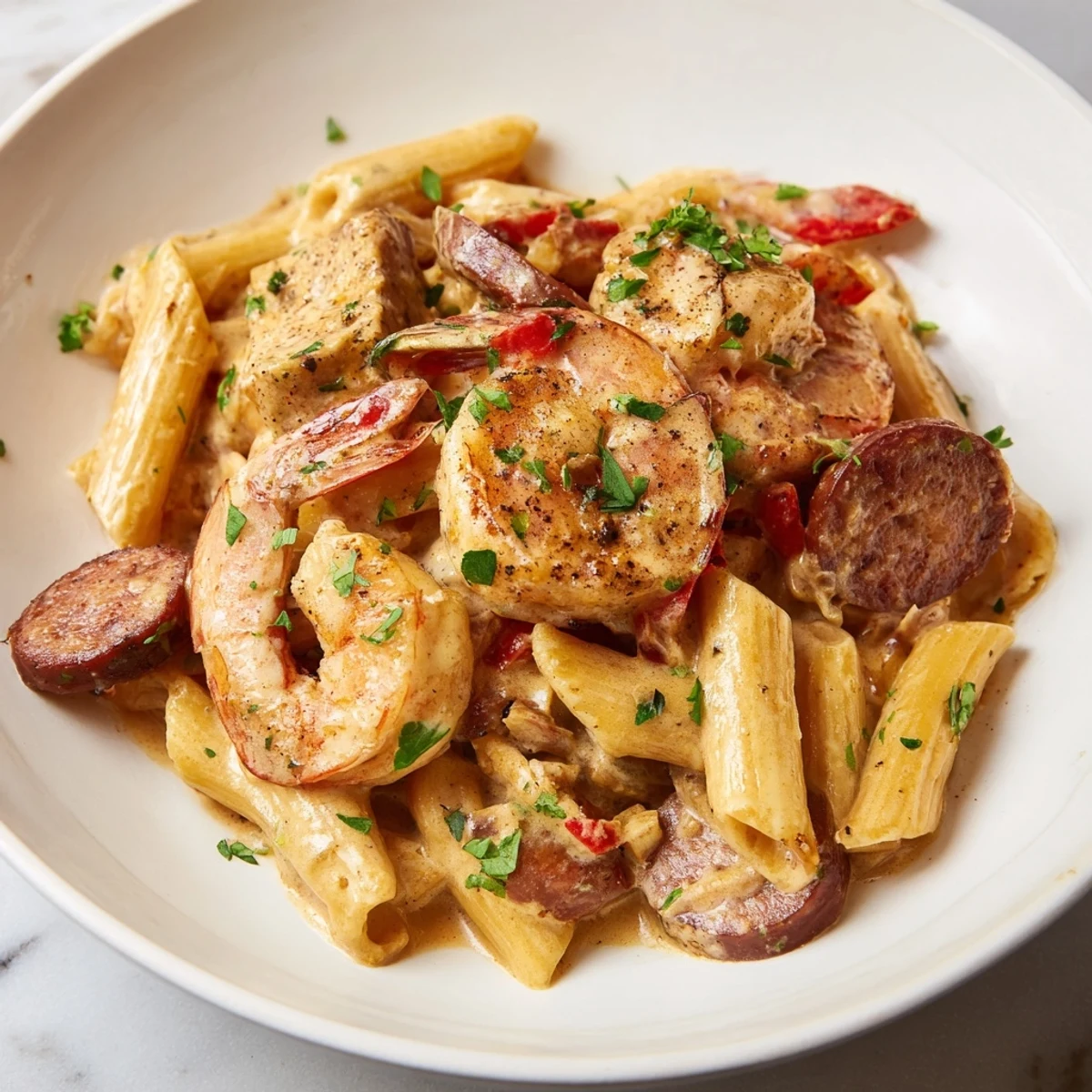 A skillet of Cajun Sausage & Shrimp Alfredo Pasta, steaming and ready to serve, with fresh parsley.