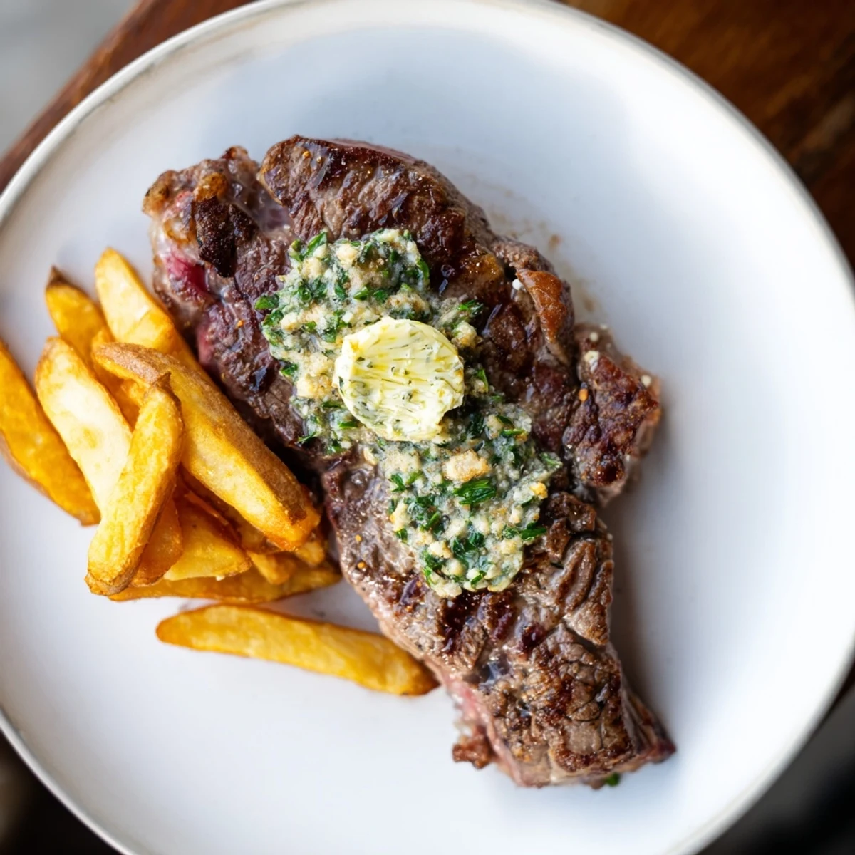 Sizzling Steakhouse Garlic Butter Steak & Fries, topped with herb butter, alongside golden, crispy fries.