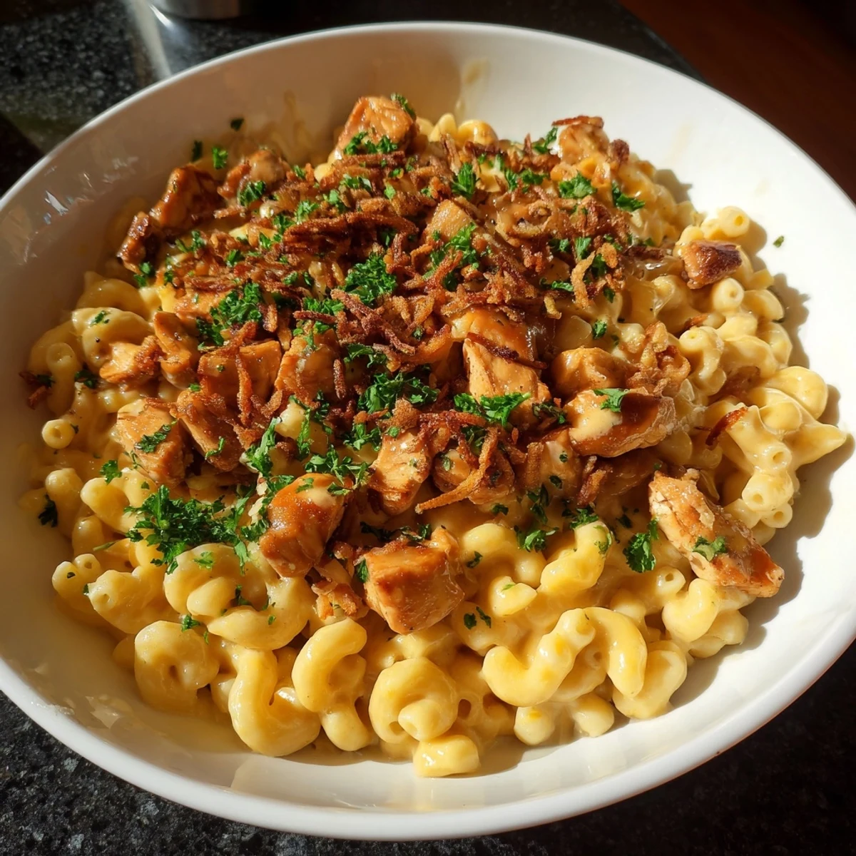 Golden-brown One-Pot Honey BBQ Chicken Mac and Cheese, creamy with melted cheese and fresh parsley.