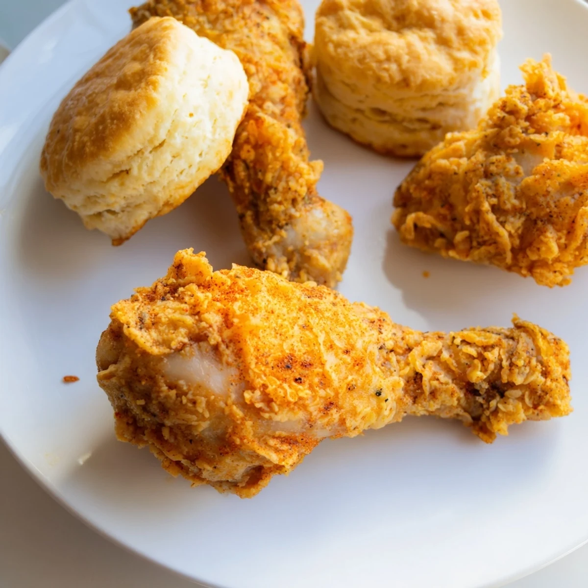 Golden-brown Southern Fried Chicken with flaky buttermilk biscuits, a delicious family meal.