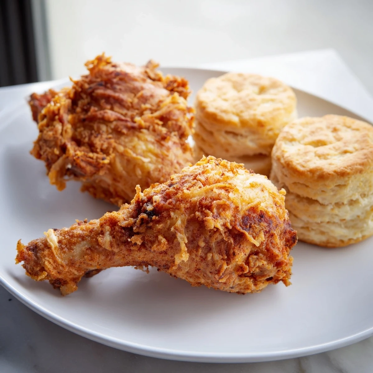 Crispy, juicy bite of Southern Fried Chicken beside warm, fluffy buttermilk biscuits ready to eat.