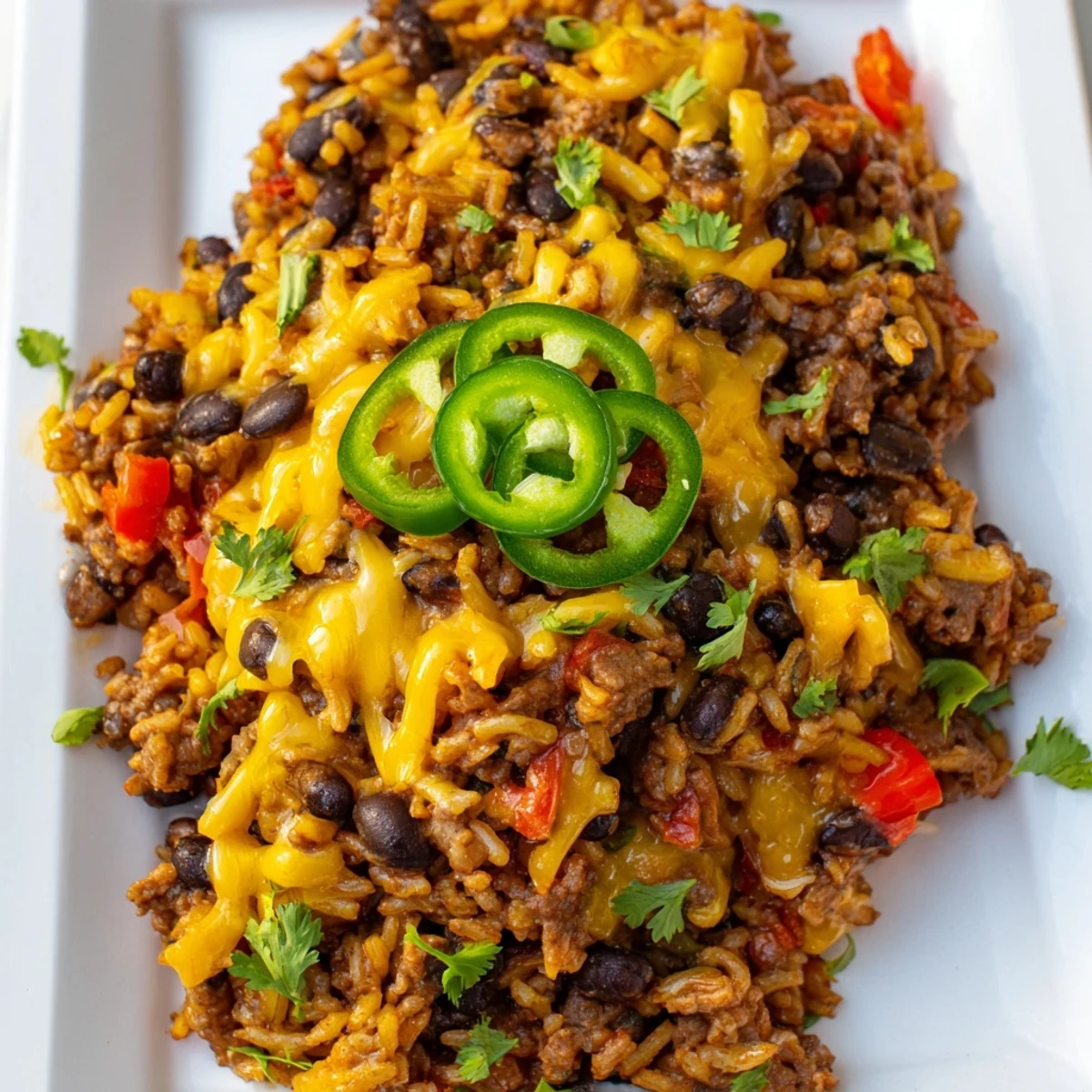 Steaming Tex-Mex Beef & Rice Casserole, bubbly with melted cheese, perfect for a cozy weeknight dinner.