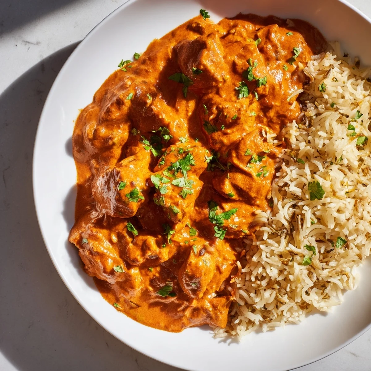Butter Chicken and Rice Pilaf: A vibrant image of creamy chicken with fluffy, flavorful rice pilaf.