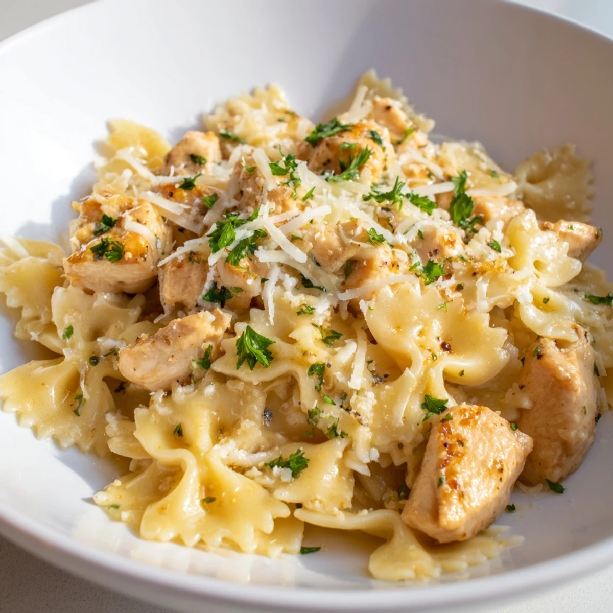 A close-up of buttery mozzarella garlic butter chicken bowties, revealing tender chicken and flavorful pasta.