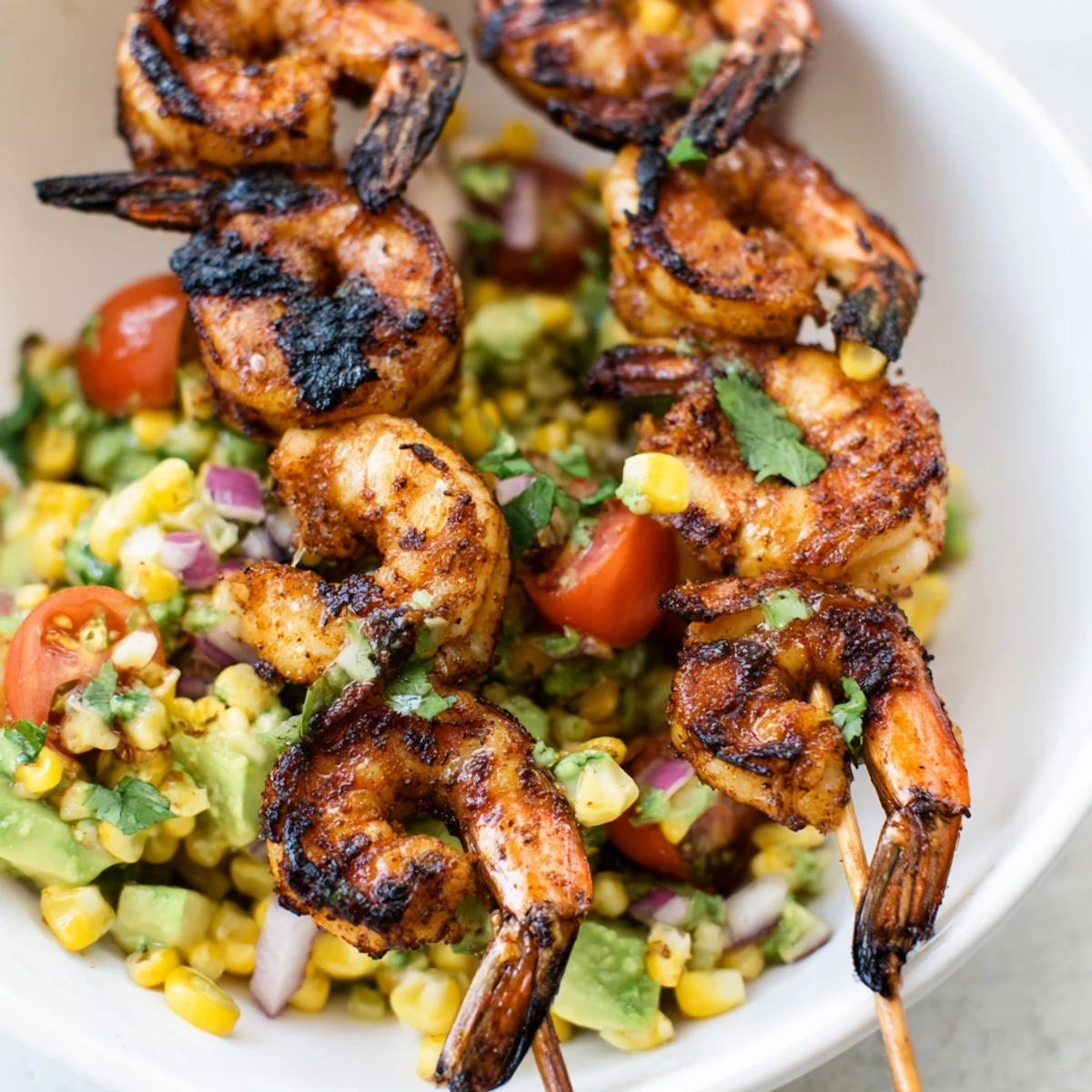 Juicy grilled shrimp nestled in colorful Easy Grilled Shrimp Bowl with Avocado Corn Salsa, ready to eat.
