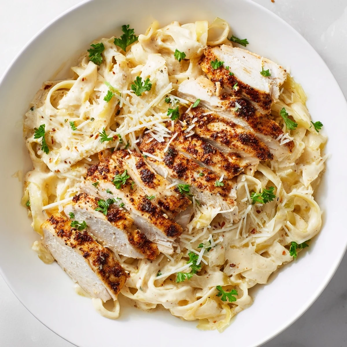 Golden-brown Spicy Cajun Chicken Alfredo, creamy pasta with tender chicken, ready to enjoy.