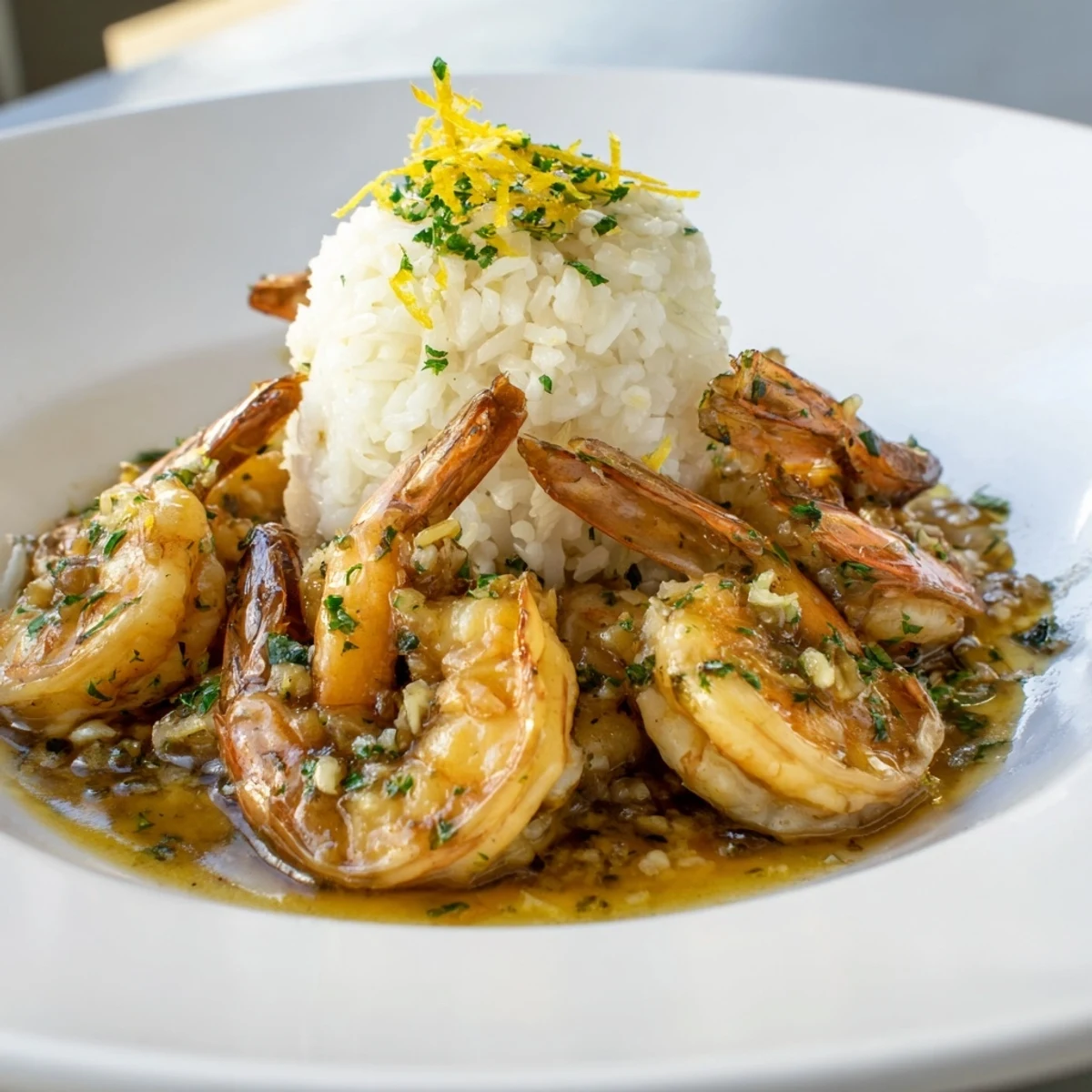 Garlic butter shrimp rice bowl: Tender shrimp glistening in garlic butter and served atop fluffy white rice.
