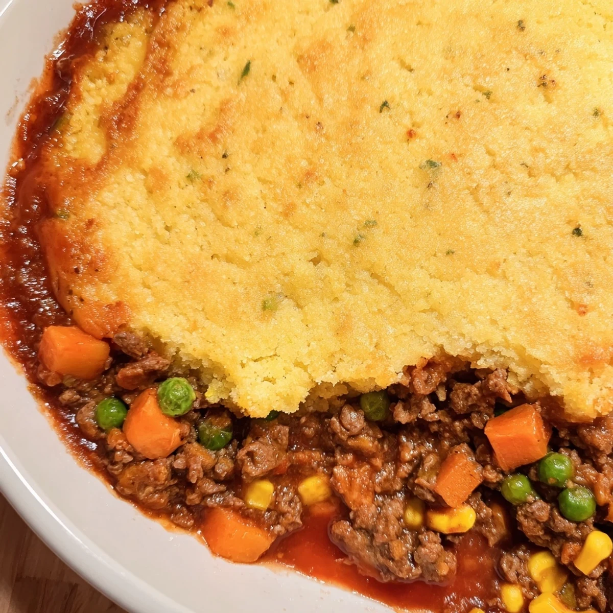 Golden, bubbly cornbread crust tops savory beef and vegetable filling in this Cornbread Crusted Beef Pie.