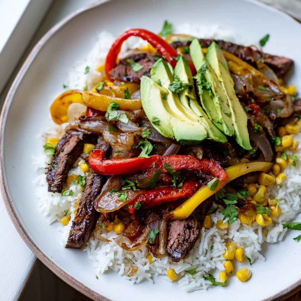 A delicious, filling BBQ Steak Fajita Bowl featuring grilled steak, vibrant vegetables, and fluffy rice for a satisfying meal.