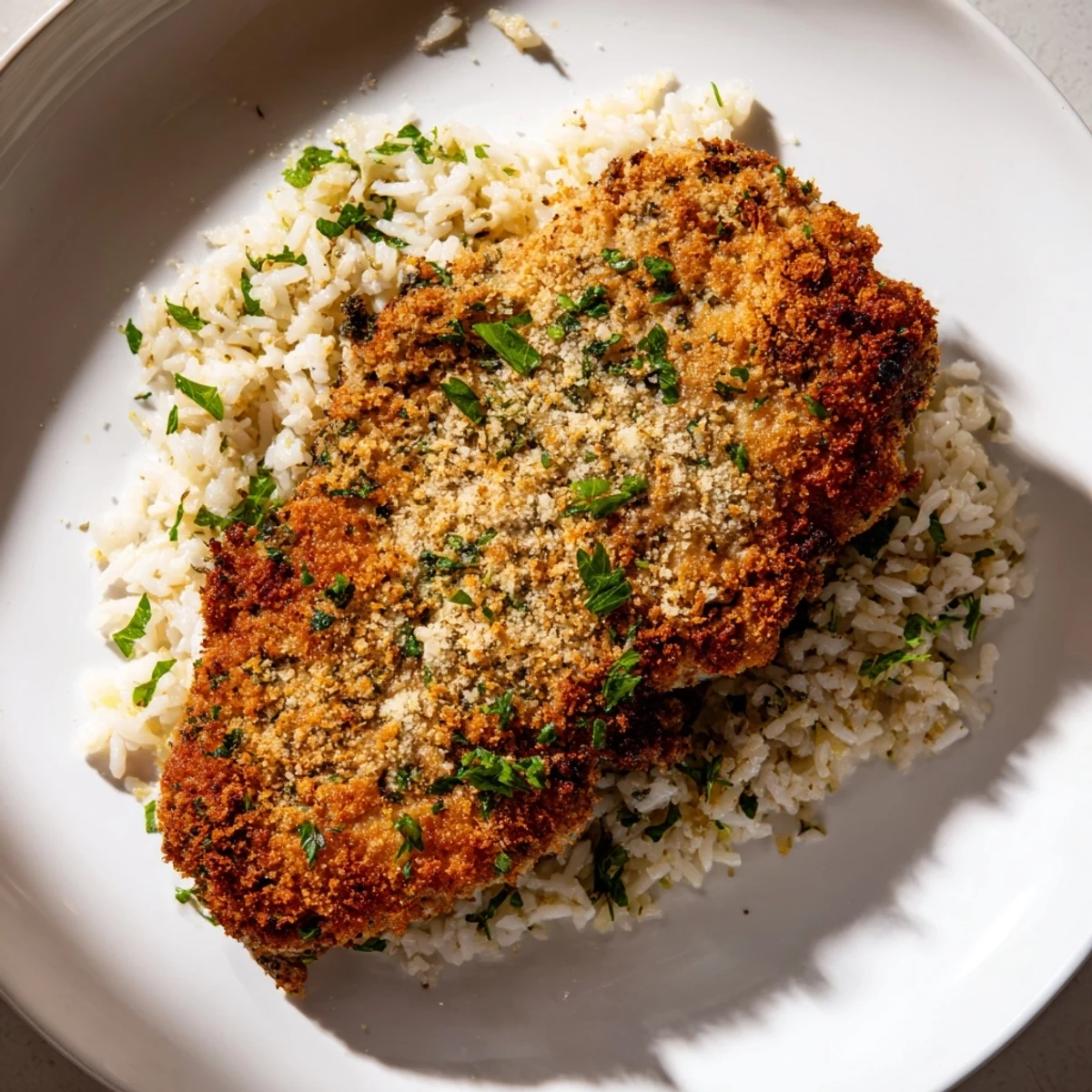 Golden-brown Parmesan Herb Pork Chops served alongside fluffy rice, a satisfying American dinner classic.