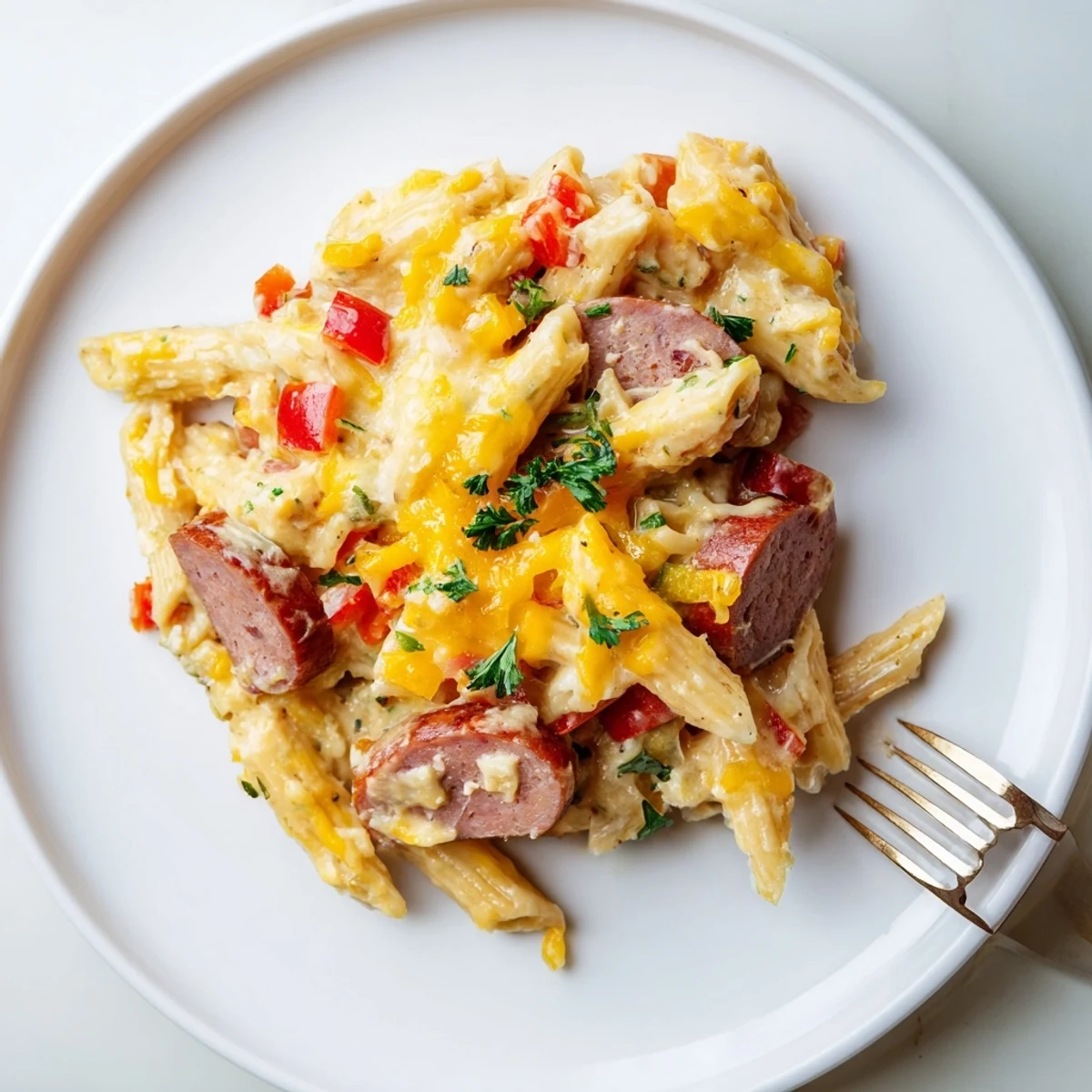 Golden, bubbly Smoked Sausage & Cheddar Pasta Bake with melted cheese and a savory aroma.