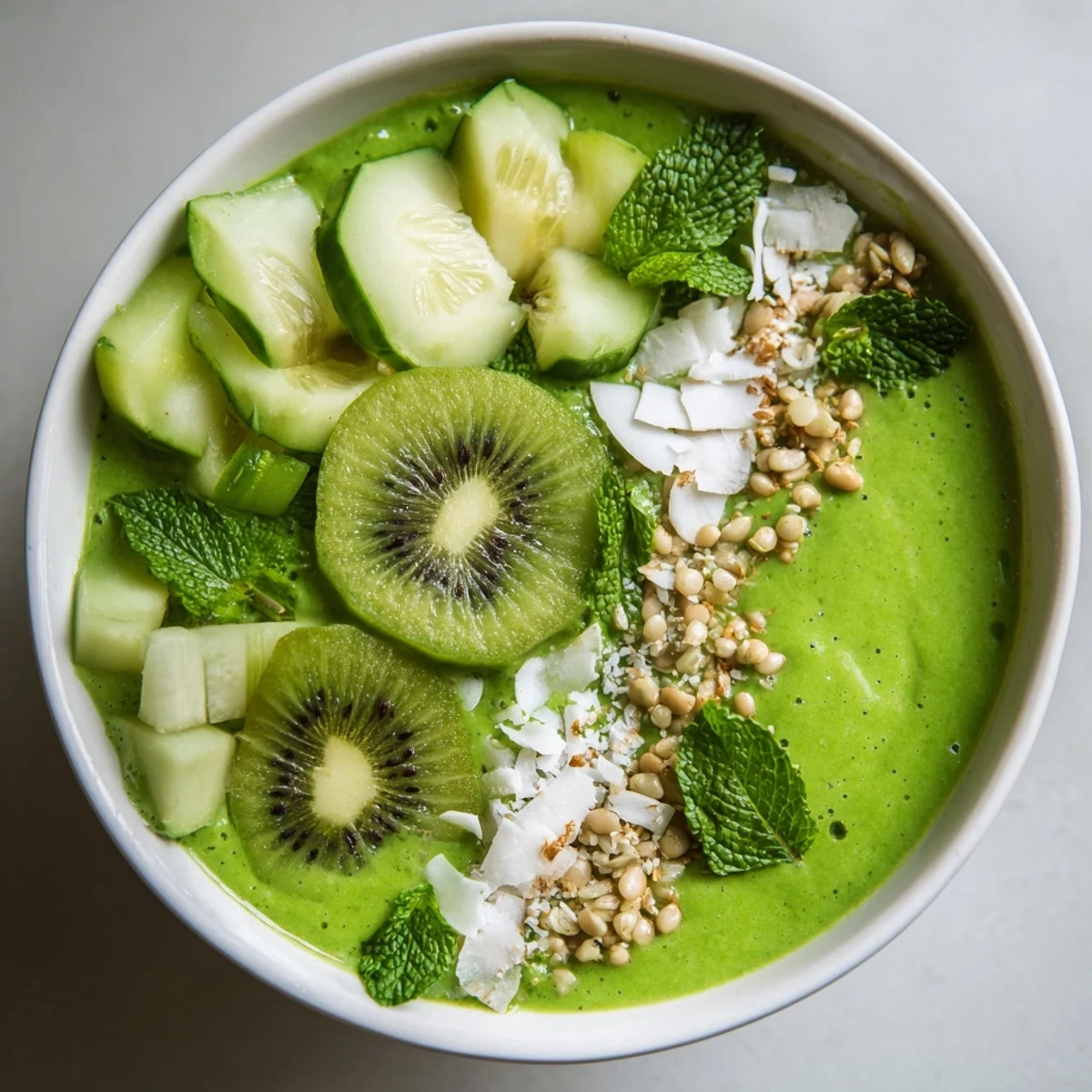 This vibrant kale smoothie bowl, topped with hemp seeds, cucumber, and kiwi, looks delicious.