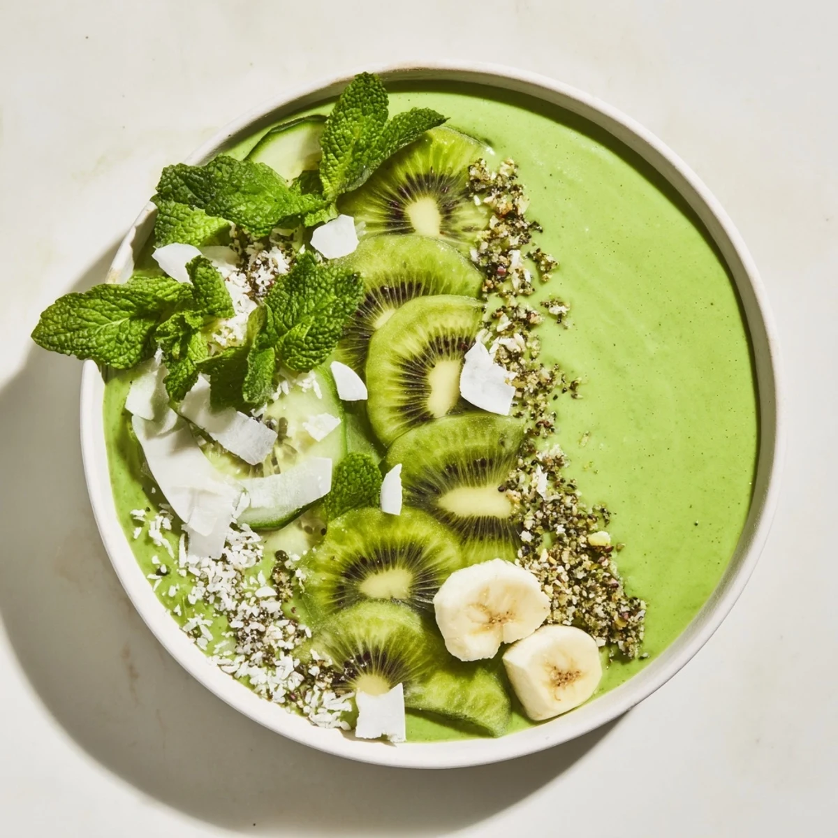 Enjoy a refreshing green smoothie bowl made with kale, avocado, and kiwi today!