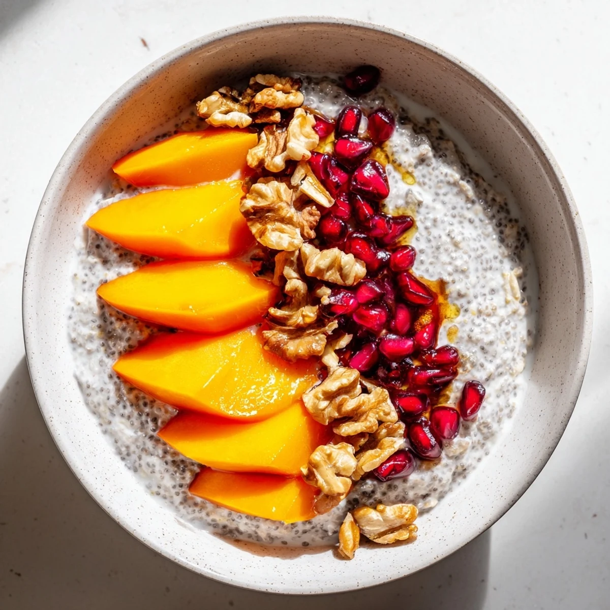Enjoy a delicious serving of overnight oats with persimmon and pomegranate; a perfect morning meal.