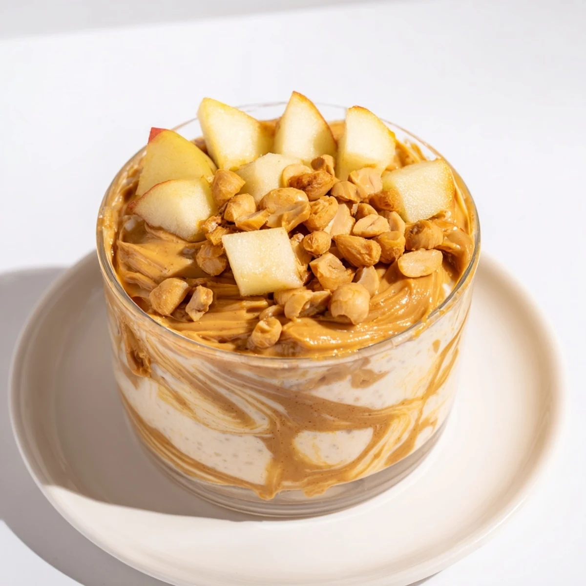 A layered Apple-Chia Pudding with peanut butter drizzle shows a perfect healthy breakfast.