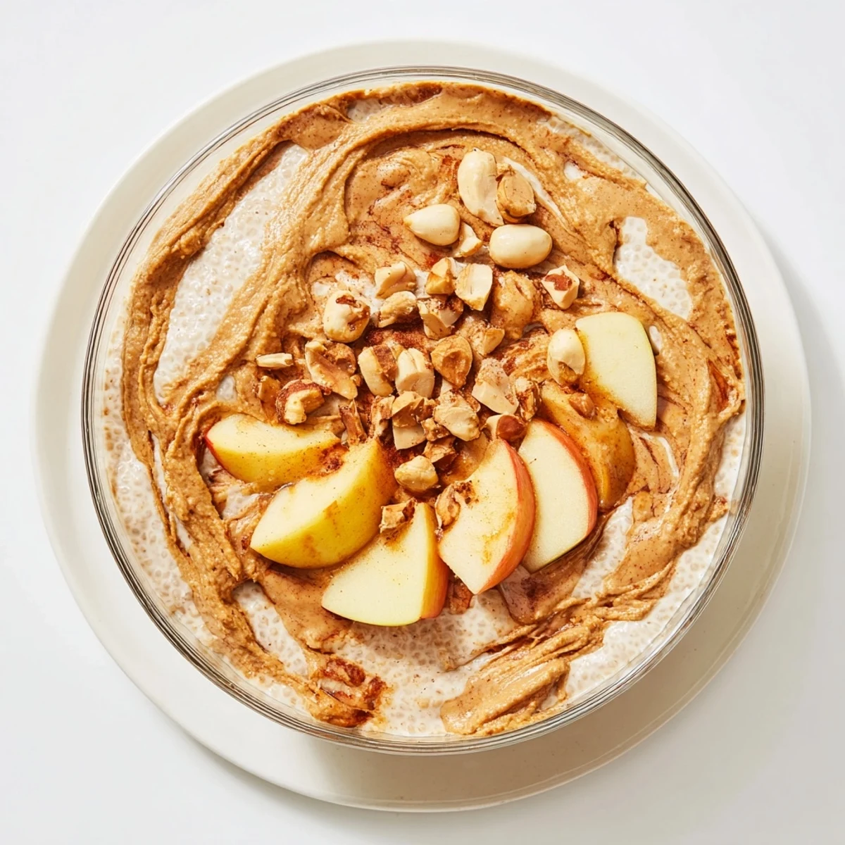 Delicious layered Apple-Chia Pudding, topped with peanut butter and roasted peanuts for a tasty snack.
